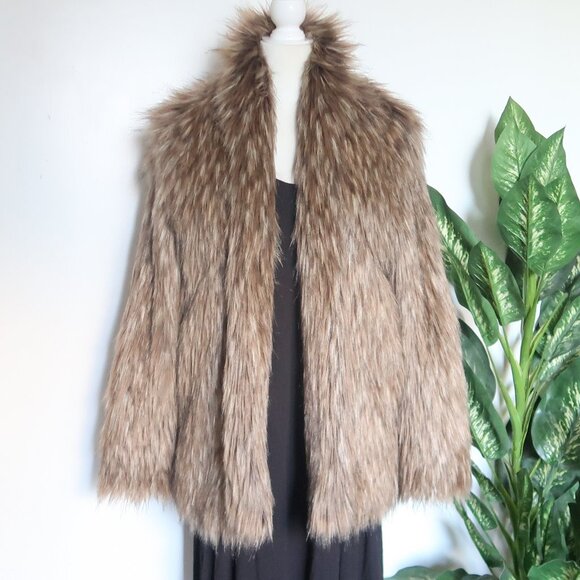 Lovers + Friends Fur Jacket Coat Taupe Brown Long Pile Open Front Mob Wife M - Picture 1 of 14